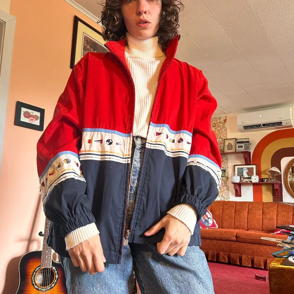 1990s retro color blocked embroidered drop sleeve windbreaker with boat flags - - Picture 2 of 13